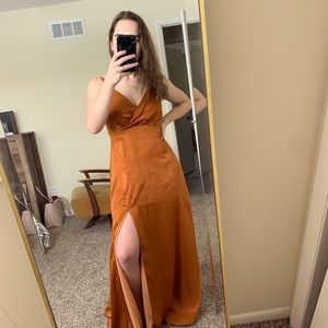 Lulus Constantine Rust Orange Satin Maxi Dress